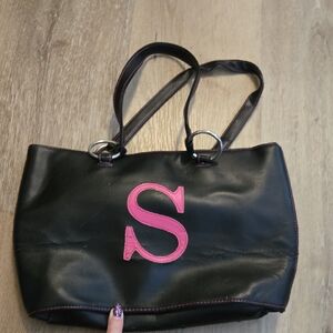 Black Tote Bag with Pink Initial